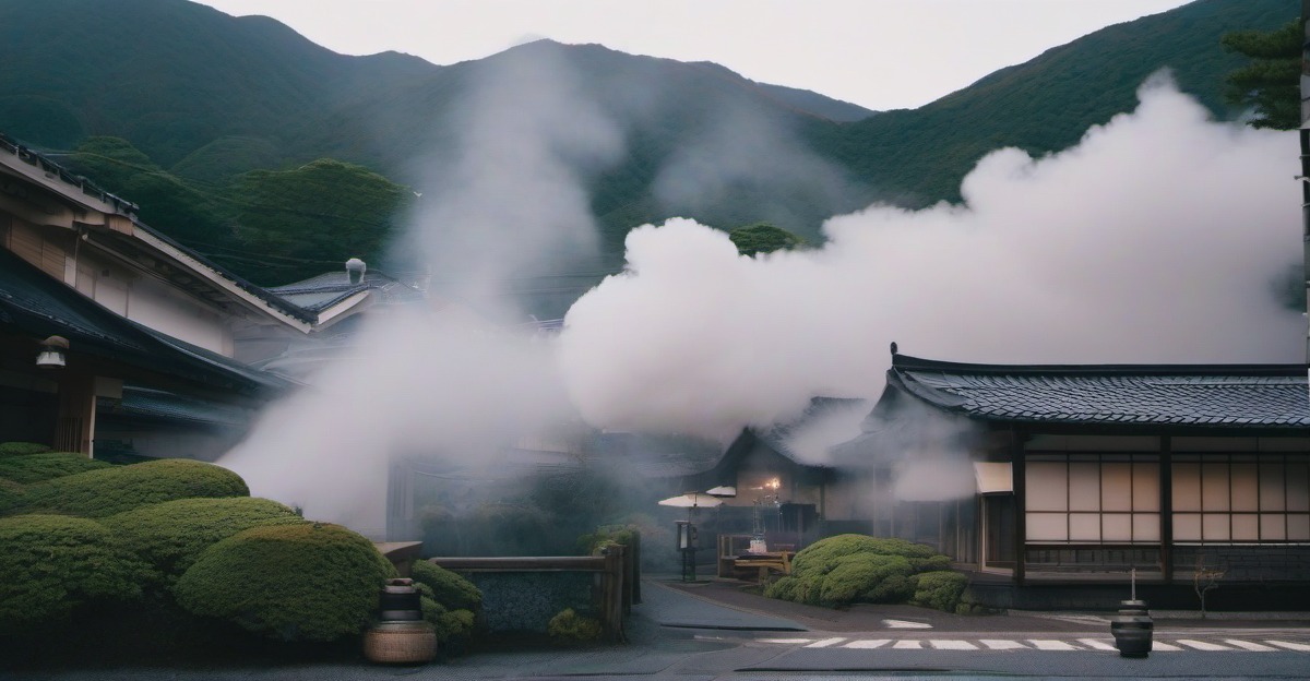 Steam rising over Beppu's hot springs at dusk