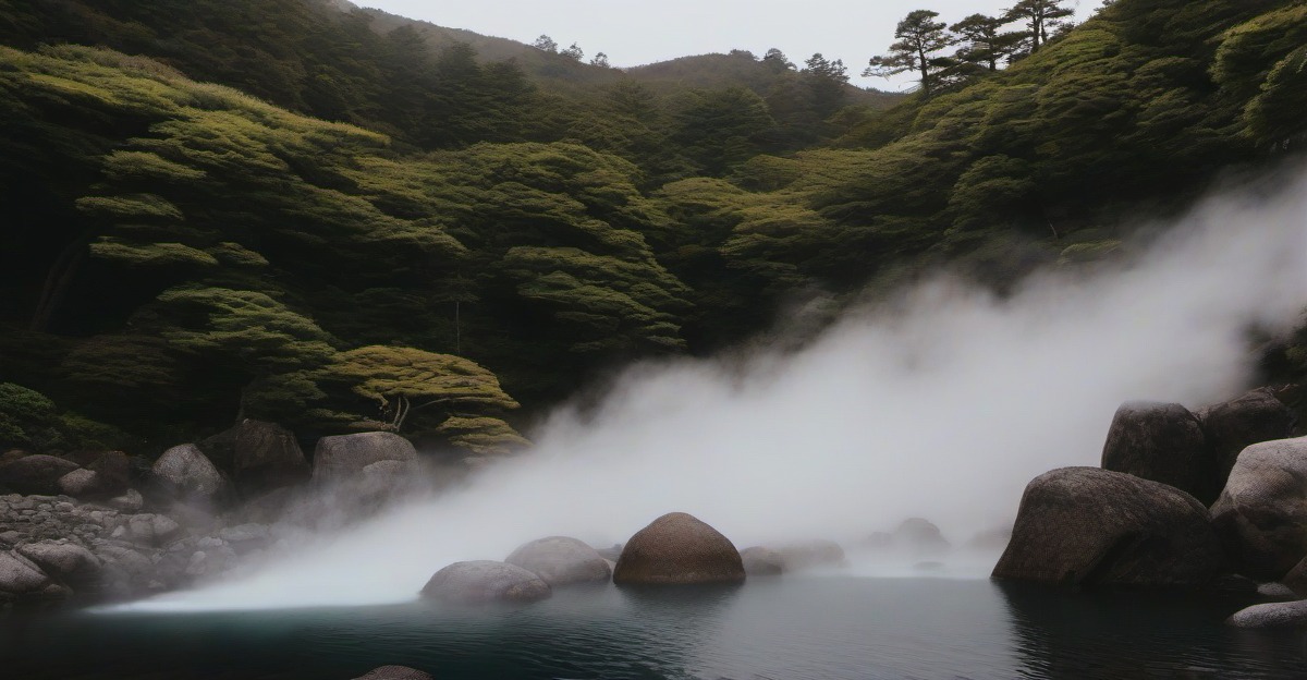 The Yubatake hot spring field in Kusatsu at twilight with steam rising from the surface and lanterns around the perimeter