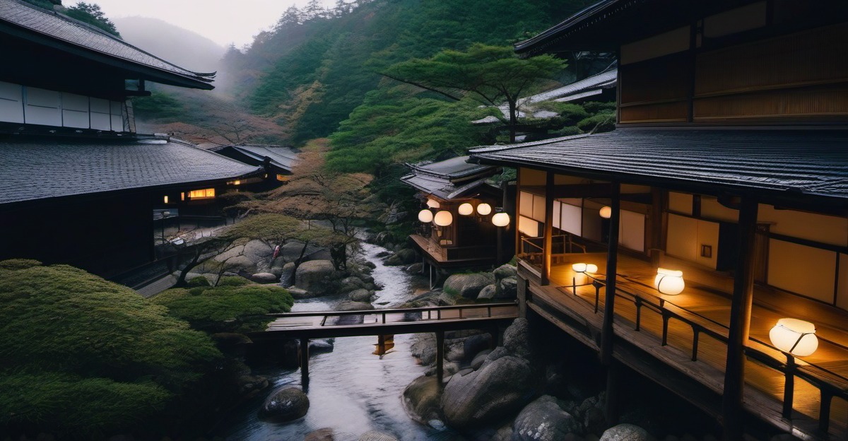 Stone-paved street in Kinosaki Onsen at dusk with willows along the canal and soft lantern light