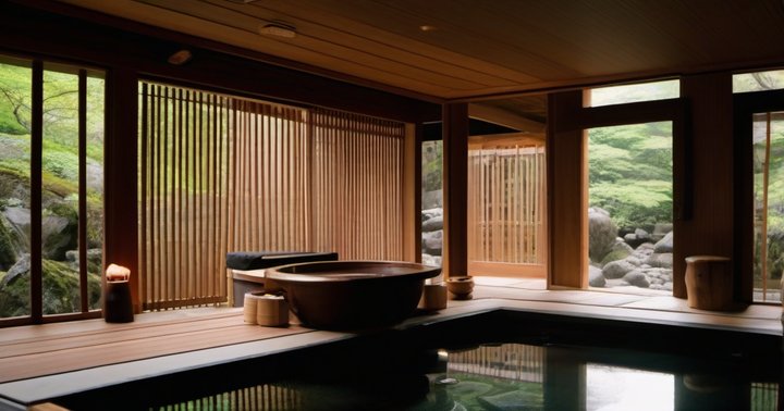 A private outdoor bath screened by cedar at dusk