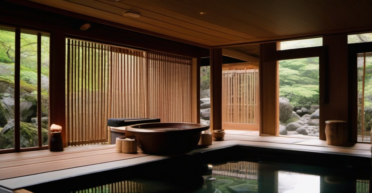 Tatami room with a folded yukata beside a wooden onsen bath
