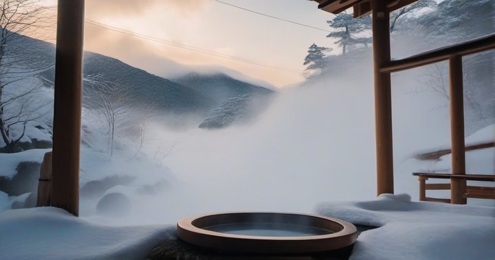 Steam rising from an outdoor rotemburo in winter air